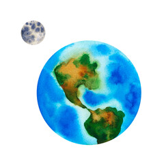 Earth and moon. Planets of our solar system isolated on transparent background. Watercolor Illustration on background of outer space with stars