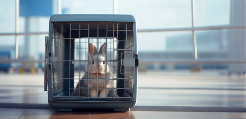 A rabbit sits in a carrier cage at the airport. Traveling with pets