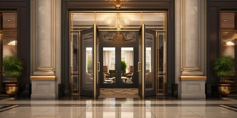 Grand Hotel Entrance: Welcome to Comfort and Luxury Accommodation with Glass Doors, Bright Lights and Reception Hall