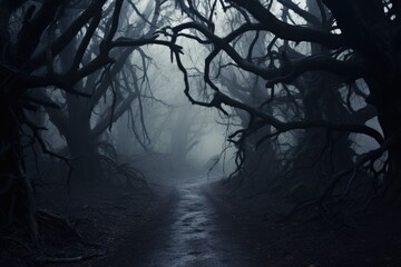Mysterious Mist and Spooky Shadows. Foggy, Dark Forest at Night with Eerie Trees and Haunting Nature Vibes