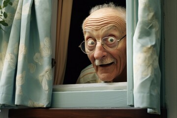 Nosy Neighbor - Shocked Senior Man Watching Out of Window and Peeking Next Door with Open Mouth - obrazy, fototapety, plakaty
