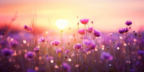 Rolgordijnen beautiful colorful meadow of wild flowers floral background, landscape with purple pink flowers with sunset and blurred background. Soft pastel Magical nature copy space   Generative AI © Kay