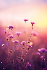 beautiful colorful meadow of wild flowers floral background, landscape with purple pink flowers with sunset and blurred background. Soft pastel Magical nature copy space | Generative AI