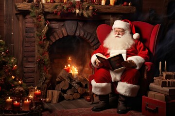 Santa Claus sitting at his home in a comfortable chair and reading his magical book. children's naughty list. Portrait of a cozy Christmas place of Santa. Merry Christmas concept | Generative AI - obrazy, fototapety, plakaty