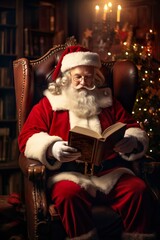 Santa Claus sitting at his home in a comfortable chair and reading his magical book. children's naughty list. Portrait of a cozy Christmas place of Santa. Merry Christmas concept | Generative AI