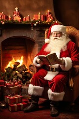 Santa Claus sitting at his home in a comfortable chair and reading his magical book. children's naughty list. Portrait of a cozy Christmas place of Santa. Merry Christmas concept | Generative AI