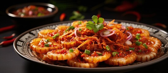 Indonesian daily menu Close Up Spicy Salted Squid on Enamel Plate