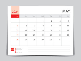 Monthly calendar template for 2024 year, May design, Planner, Desk calendar 2024 design, Week Starts on Sunday, Wall calendar design in a minimalist style, printing media, vector eps10