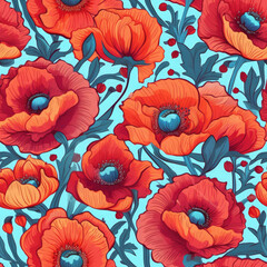 Vibrant poppy flowers in a repeating  seamless pattern, AI Generated