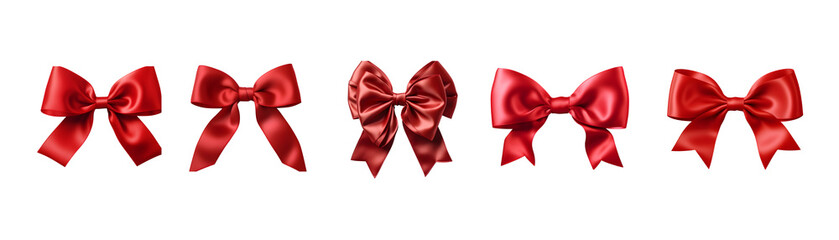 collection realistic bow set. Red silk ribbons with bows festive decor satin rose, luxury elements for holiday packaging and design, elegant gift tape