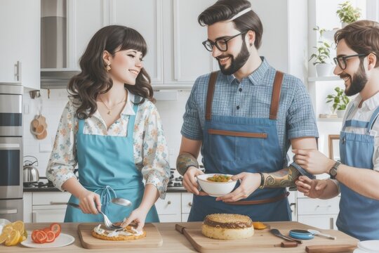 A couple of hipster friends share and have fun while cooking.