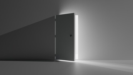 Minimalistic monochrome 3D illustration with a slightly open door and light emanating from the opening.
