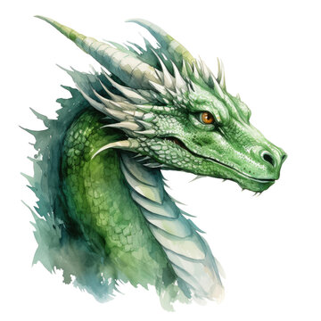 Green dragon watercolor illustration. Fantasy character isolated on white background. Template for cards, posters, stickers, sublimation. Modern art in watercolor style.