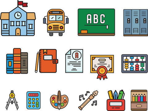 Simple school icons set. School, bus, blackboard, books, notebook, pencil, exam paper, abacus, compasses, calculator, paint, flute.