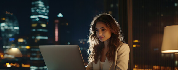 Beautiful girl using a laptop in office on night city background. Copy space - obrazy, fototapety, plakaty