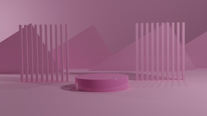 Abstract pink background with a platform for product advertising. 3D illustration with a round pedestal and decorative elements.