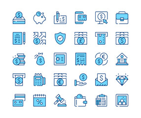 Banking icons set. Vector line icons. Blue color outline stroke symbols. Modern concepts