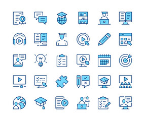 Online learning icons set. Vector line icons. Blue color outline stroke symbols. Modern concepts