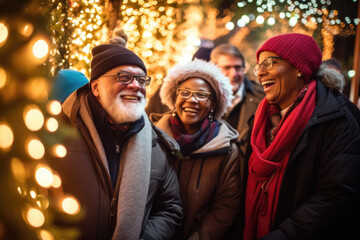 Group of happy active seniors walking outdoors during Christmas holidays.