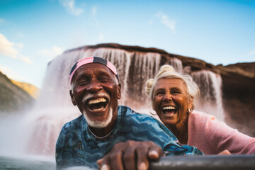 Happy elderly couple swimming in pool.