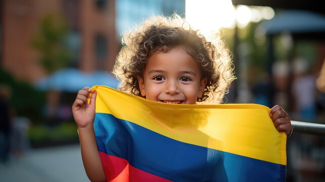 Colombian little girl with Colombian flag on the street