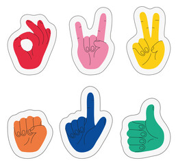 Cartoon hands abstract drawn comic. Set of Hand multicolored different signs and symbols. Drawing style Sticker decals.