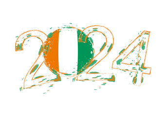 2024 Year in grunge style with flag of Ivory Coast.