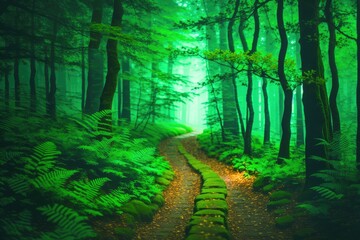 Winding gravel road through sunny green Forest illuminated by sunbeams through mist, generative ai image