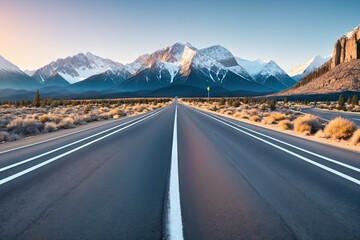 A long straight road leading towards a snow capped mountain, generative ai image - obrazy, fototapety, plakaty