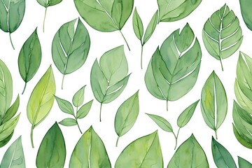 Green leaves on a white background, floral design. Watercolor drawn botanical watercolor painting, generative ai