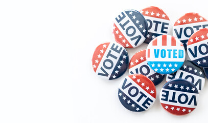 Presidental election 2024, red,blue and white vote buttons. I voted badge isolated on white background. Election day United States of America.  Space for copy