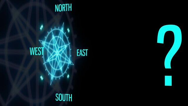 digital compass glow in a black background with world sides glitch video effect. Big question mark symbol on right side of screen frame
