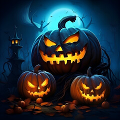 halloween, pumpkin, autumn, night, moon, bat, vector, holiday, horror, illustration, dark, tree, celebration, spooky, october, scary, silhouette, black, design, cartoon, orange, fear, card, witch