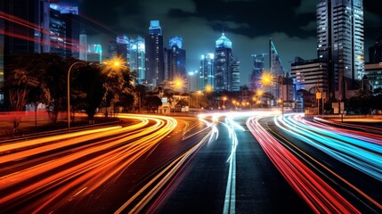 Fototapeta na wymiar Magnificent traffic light reflection of city roads at night