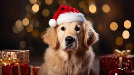 Golden Retriever small dog wearing Santa Claus hat with Christmas gifts. Golden Retriever. Horizontal Christmas banner poster. AI generated