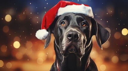 Great Dane small dog wearing Santa Claus hat with Christmas gifts. Great Dane. Horizontal Christmas banner poster. AI generated - obrazy, fototapety, plakaty