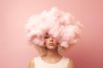 Portrait of a woman with her head in the clouds. Woman captures the dreamy essence. Concept of a dreamy or fantasy woman.
