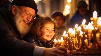 Obraz na płótnie Canvas Senior Jewish man with his granddaughter burning candles in the church