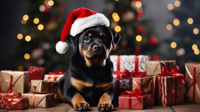 Rottweiler small dog wearing Santa Claus hat with Christmas gifts. Rottweiler. Horizontal Christmas banner poster. AI generated