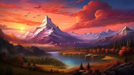 Fototapeta na wymiar Beautiful color mountain sunset abstract painting wallpaper picture AI generated art