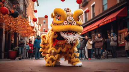 Lion Dance on the street of China town. Chinese New Year