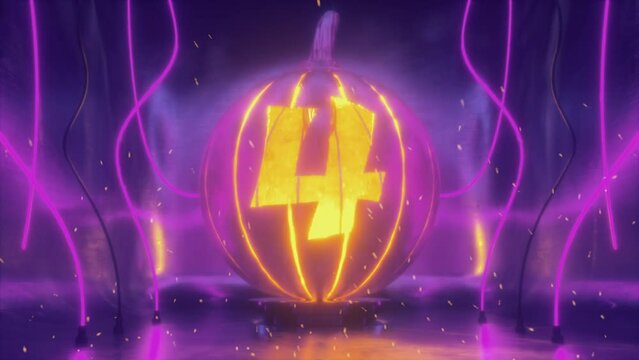 Halloween Countdown from 5 to 0 with Numbers Cut in Halloween Pumpkin Lamp of Hammered Metal in Neon light and Sparkles. Stay Spooky Message at the End. 4K Dark Futuristic Scene.