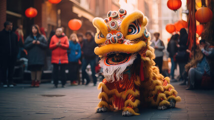 Lion Dance on the street of China town. Chinese New Year - obrazy, fototapety, plakaty