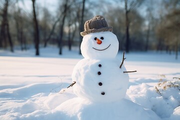 A friendly snowman smiling in a calm winter landscape.