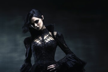 A gothic goddess woman wearing black clothes full body shot. - obrazy, fototapety, plakaty
