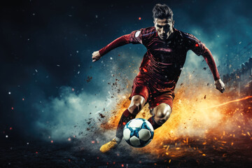 A soccer player kicking the ball.