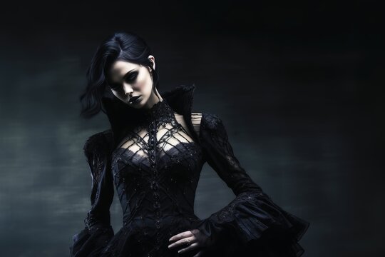 A gothic goddess woman wearing black clothes full body shot.