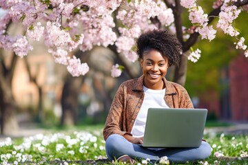 Young Woman Studying Outdoors: E-Learning with Laptop on a Sunny Day