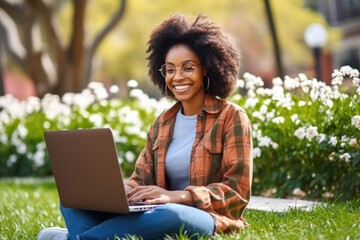Curly-Haired African Student E-Learning Outdoors with Laptop