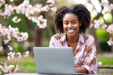 Sunny Day Study Session: Smiling Student Learning Online in the Park